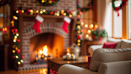 Traditional living room with brick fireplace and softly blurred Christmas garlands and stockings