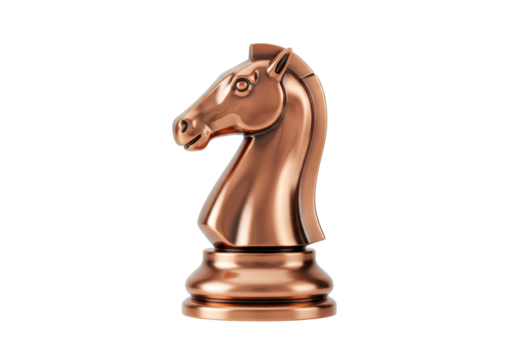 Copper knight chess piece isolated on transparent background, metallic horse head figurine for board game and decorative use