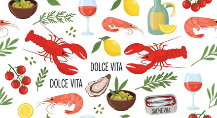 Vibrant italian seafood and wine pattern with dolce vita text