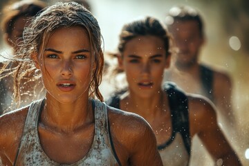 Women participating in a challenging outdoor obstacle course during a sunny afternoon in nature