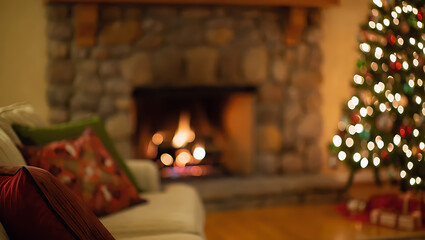 Rustic living room with stone fireplace and softly blurred Christmas tree with warm twinkling lights