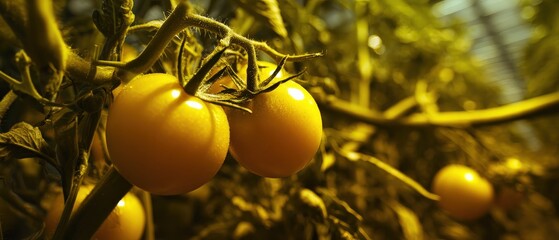 Closeup of ripe yellow tomatoes growing on the vine in a greenhouse, showcasing fresh produce and sustainable agriculture Concept of healthy eating and local farming