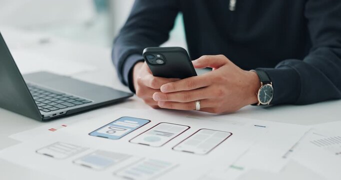 App design, hands and man in office with phone, ux testing or display for digital project. Typing, creative or software developer in agency with tech, research or ui implementation for mobile pitch.