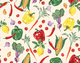 Trendy hand drawn vegetables sketch. Vintage seamless pattern vector with fresh pick vegetables from farm
