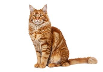 Majestic red Maine Coon cat isolated on transparent background, beautiful ginger tabby feline breed for pet lovers and animal themes PNG