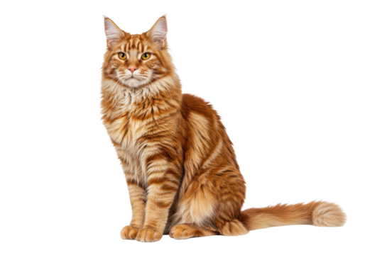 Majestic red Maine Coon cat isolated on transparent background, beautiful ginger tabby feline breed for pet lovers and animal themes PNG