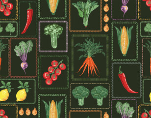 Trendy hand drawn vegetables sketch. Vintage seamless pattern vector with fresh pick vegetables from farm