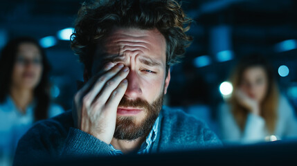 A tired man sits in front of a screen, rubbing his eyes from strain and fatigue.
