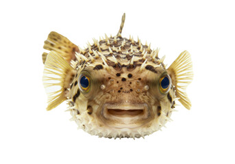 Spiky pufferfish isolated on transparent background, blowfish with spines and big eyes, marine animal in defense mode PNG