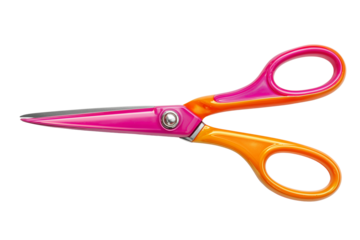 Colorful scissors with pink and orange handle isolated on transparent White background png