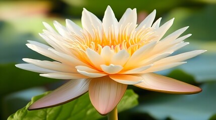 Close up shot of white lotus flower with yellow stamens and petals detail