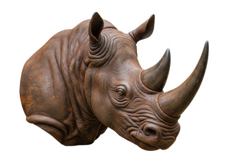 Rusty rhino head sculpture isolated on transparent background, wildlife animal art for decoration and design use