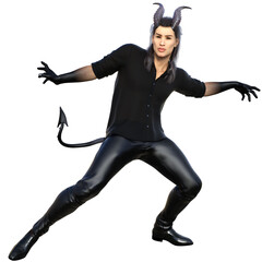 3D rendered fantasy handsome male character as a Devil with dark horns and urban clothes isolated on transparent background