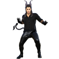 3D rendered fantasy handsome male character as a Devil with dark horns and urban clothes isolated on transparent background