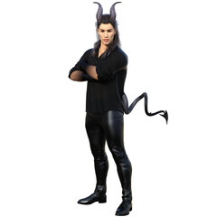 3D rendered fantasy handsome male character as a Devil with dark horns and urban clothes isolated on transparent background