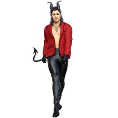 3D rendered fantasy handsome male character as a Devil with dark horns and urban clothes isolated on transparent background