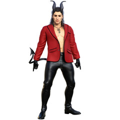 3D rendered fantasy handsome male character as a Devil with dark horns and urban clothes isolated on transparent background