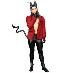 3D rendered fantasy handsome male character as a Devil with dark horns and urban clothes isolated on transparent background