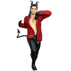 3D rendered fantasy handsome male character as a Devil with dark horns and urban clothes isolated on transparent background