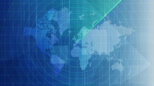 Blue world map with rotating radar sweep effect and grid overlay, global monitoring systems, surveillance technology infrastructure, security presentation backgrounds