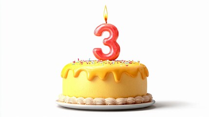 Bright yellow birthday cake with a number 3 candle and colorful sprinkles perfect for a child's third birthday celebration