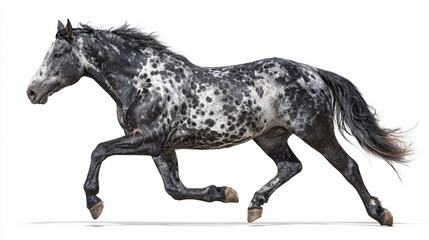 Fototapeta premium Spotted horse running gracefully on a white background during daylight hours, showcasing strength and elegance in motion