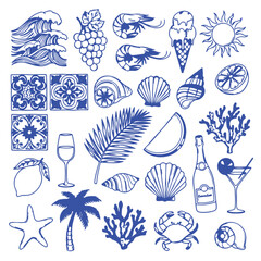 Hand-drawn summer illustration set &ndash; minimalist line art inspired by Italian dolce vita. Features palm trees, lemons, cocktails, sun and sea, and seashells in doodle sketch style. Perfect for vacation