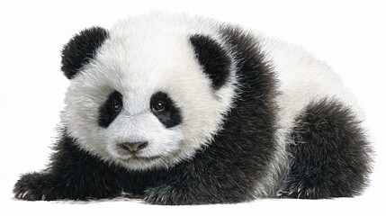 Fototapeta premium Cute panda cub relaxing on a soft surface, displaying its distinctive black and white fur, in a serene setting, enjoying a calm moment
