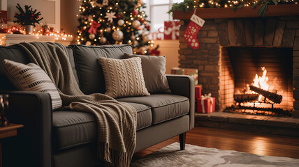 cozy living room with fireplace and blurred christmas decorations