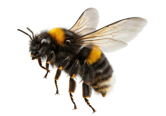 Detailed bumblebee PNG isolated on transparent background, furry insect with yellow stripes and delicate wings for nature designs
