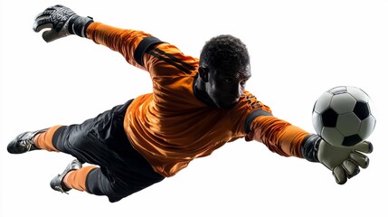 Goalkeeper dives to make an impressive save during an intense soccer match in a bright stadium