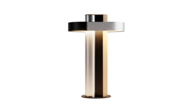 Modern cylindrical table lamp with metallic finish isolated on transparent background
