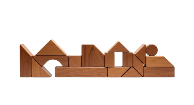 Wooden building blocks arranged in a creative structure, isolated on transparent background