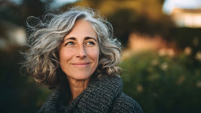 Confident mature woman with gray curly hair smiling outdoors in soft natural light, captured in a close-up portrait with serene and optimistic expression