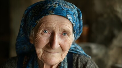 Elderly woman with blue eyes wearing headscarf, warm portrait in natural light showing kindness and wisdom