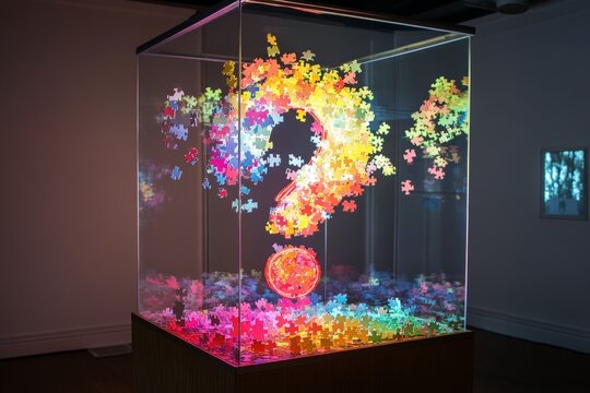 Illuminated puzzle exhibit with colorful question mark design