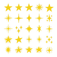 Chalk star set. Hand-drawn yellow crayon stars with rough grunge texture and sketchy edges. Dreamy celestial doodles, sparkles, and cosmic highlights. Vector illustration.