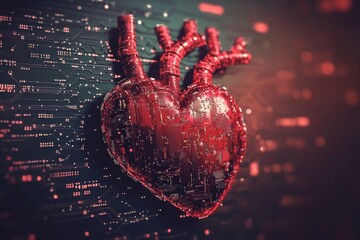 Cybernetic heart on circuit board symbolizing technology and emotion