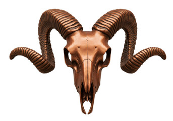 Bronze ram skull isolated on white, detailed animal skull with horns for gothic or Halloween design element in PNG format