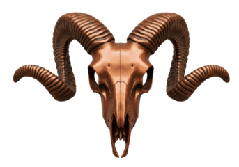 Bronze ram skull isolated on white, detailed animal skull with horns for gothic or Halloween design element in PNG format