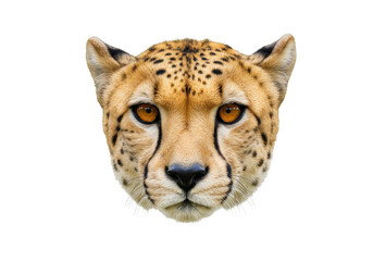 Cheetah head isolated PNG, close-up portrait of wild cat with distinctive spots and golden fur on transparent background