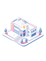 Isometric Modern Hospital Building with Red Cross Sign