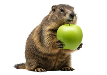 Adorable groundhog holding a green apple PNG isolated, cute marmot with fruit on transparent background for design and educational use