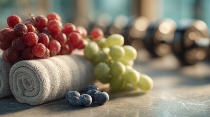 Fresh fruit and weights for a healthy lifestyle and fitness routine concept