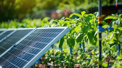 Fototapeta premium Solar-powered irrigation system in a smart urban garden, tech meets nature