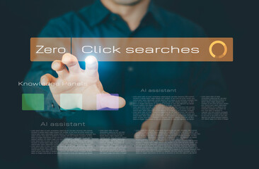 Zero Click Searches concept with businessmen using agentic AI and virtual screens to optimize GEO,...