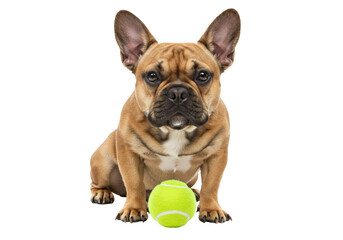 Adorable fawn French Bulldog puppy with tennis ball isolated, cute dog portrait on transparent background PNG