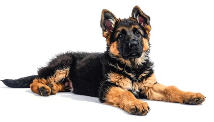 Adorable German Shepherd Puppy Relaxing on White Background, Lying Down