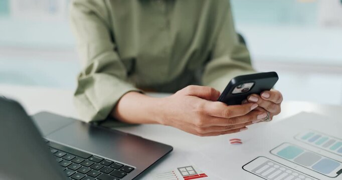 App, design and woman in office with tech, ux testing and display for digital project. Scroll, creative or software developer in workplace with laptop, research or ui implementation for mobile pitch.