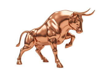 Copper bull statue isolated on transparent background, financial market symbol of strength and bullish trend in stock market